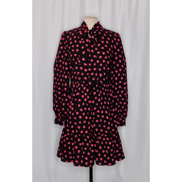 KATE SPADE New York Heartbeat Tie Neck Shirtdress Black Pink Hearts Heart 10 - Picture 3 of 14